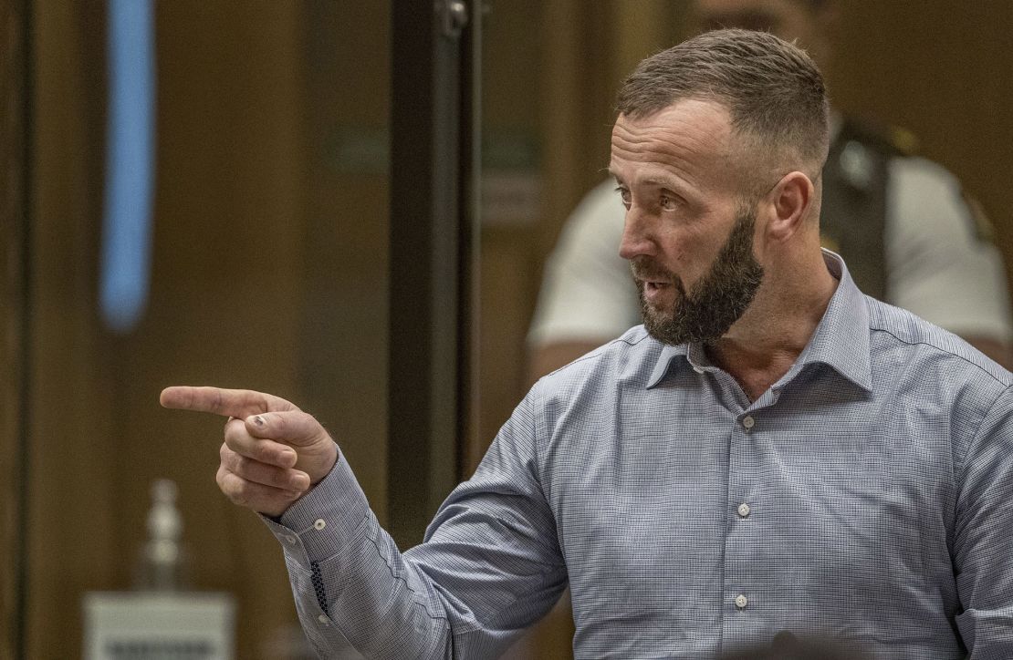 Nathan Smith gestures as he makes a victim impact statement during the sentencing hearing of Brenton Tarrant on August 25, 2020. 