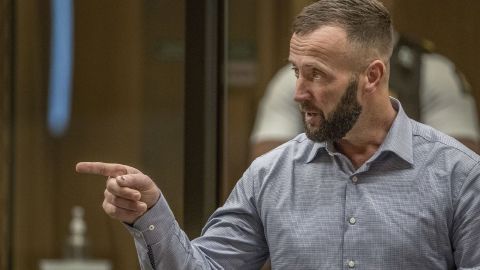 Nathan Smith gestures as he makes a victim impact statement during the sentencing hearing of Brenton Tarrant on August 25, 2020. 