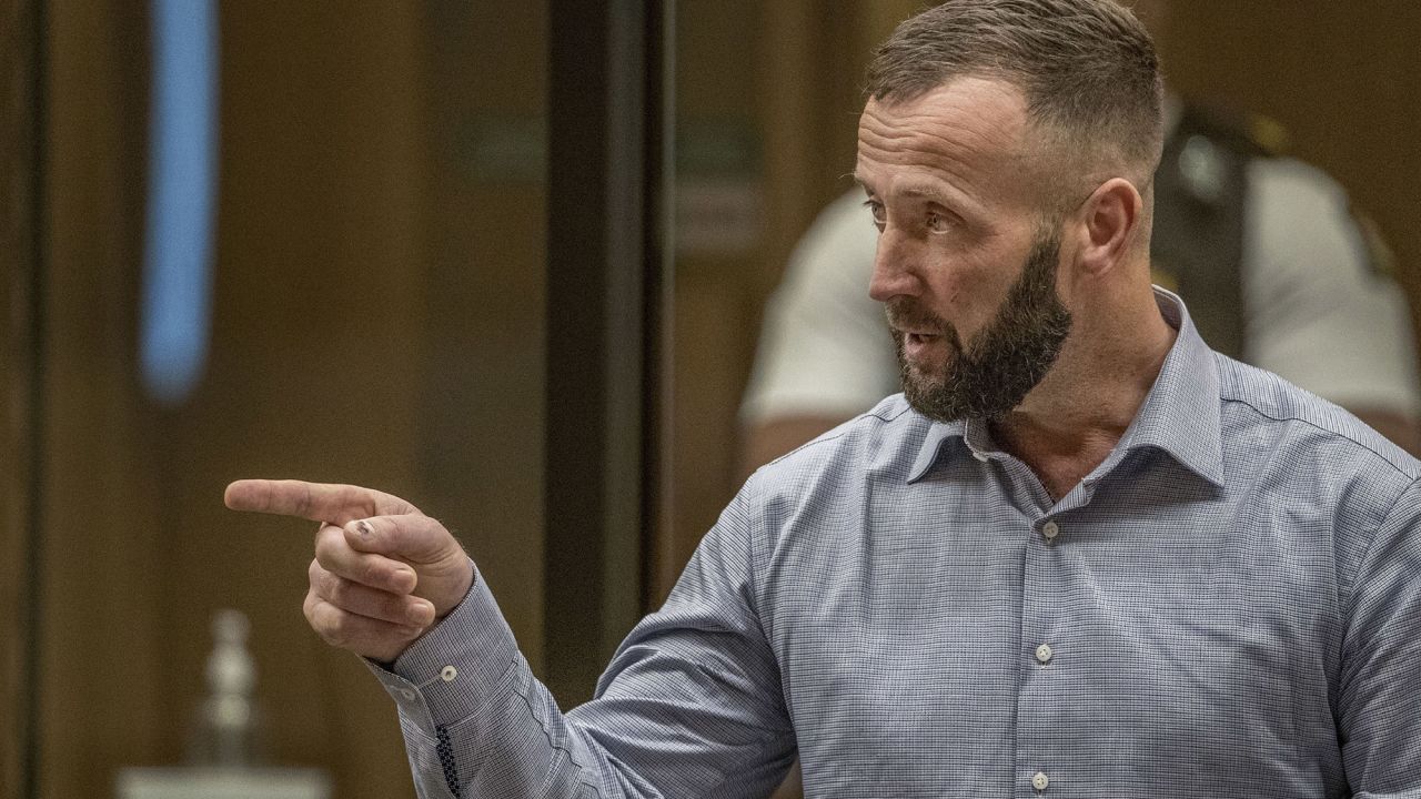 Nathan Smith gestures as he makes a victim impact statement during the sentencing hearing of Brenton Tarrant on August 25, 2020.