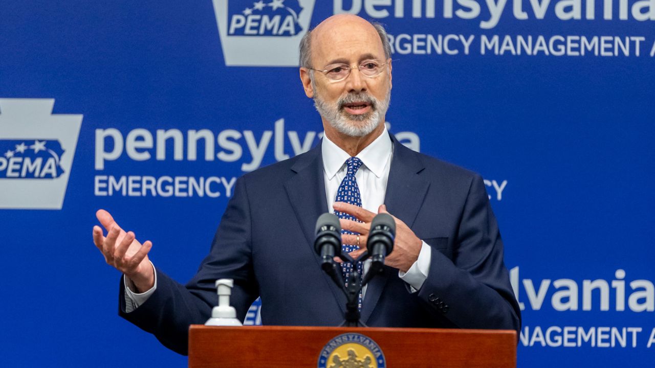 Pennsylvania Gov. Tom Wolf meets with the media at The Pennsylvania Emergency Management Agency on Tuesday.