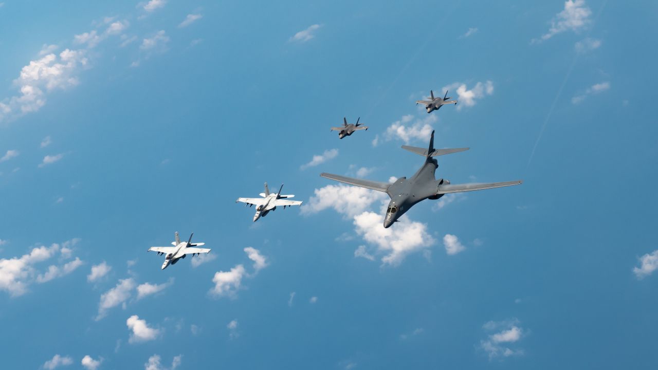 US Navy F/A-18s, Marine Corps F-35s and a US Air Force B-1B bomber conduct a large-scale joint and bilateral integration training exercise earlier this month.