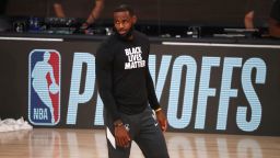 Los Angeles Lakers forward LeBron James looks on before Game 4 of an NBA basketball first-round playoff series against the Portland Trail Blazers, Monday, Aug. 24, 2020, in Lake Buena Vista, Fla. (Kim Klement/Pool Photo via AP)