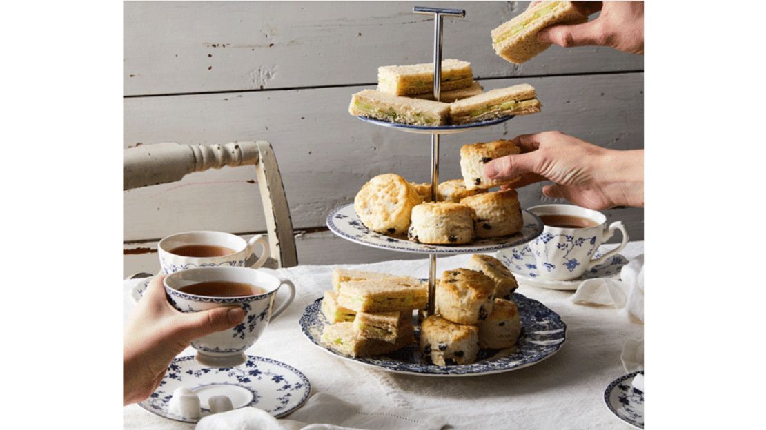 Vintage English Transferware 3-Tiered Stand and Set of 4 Teacups