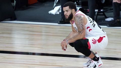 VanVleet looks on during a game against the Boston Celtics on August 7.