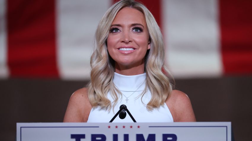 WASHINGTON, DC - AUGUST 26: White House Press Secretary Kayleigh McEnany pre-records her address to the Republican National Convention from inside an empty Mellon Auditorium on August 26, 2020 in Washington, DC. The novel coronavirus pandemic has forced the Republican Party to move away from an in-person convention to a televised format, similar to the Democratic Party's convention a week earlier. (Photo by Chip Somodevilla/Getty Images)