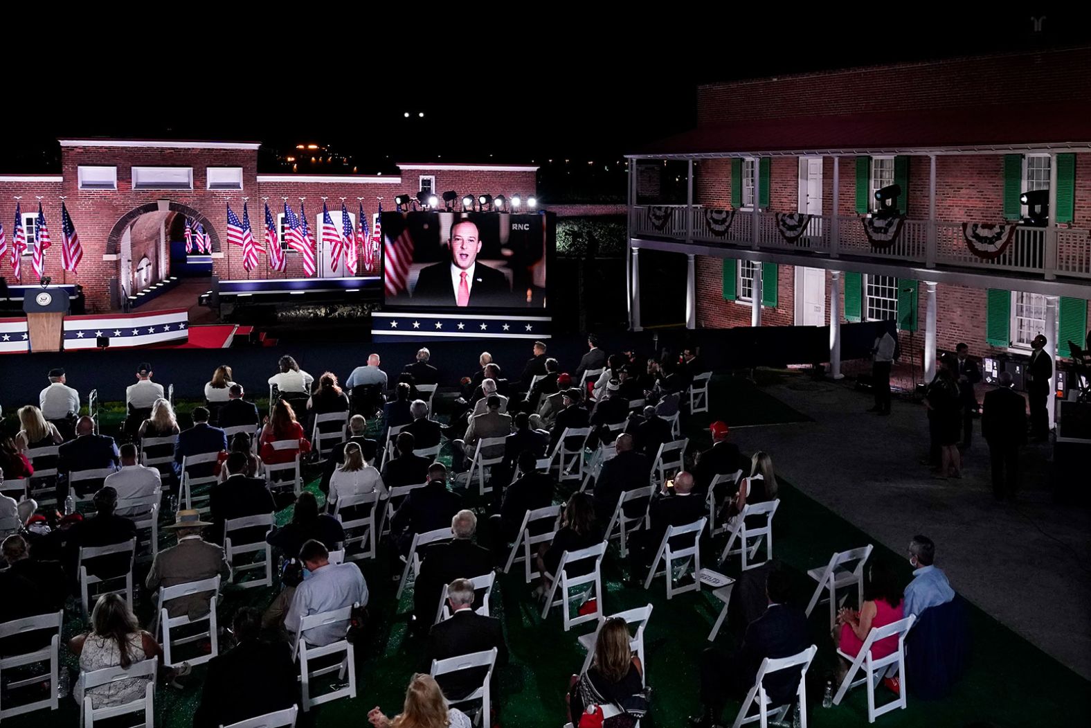 People are seated before Pence took the stage at Fort McHenry.