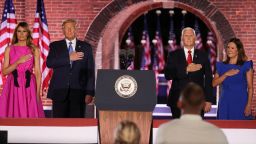 U.S. Vice President Mike Pence is joined onstage by U.S. President Donald Trump, First Lady Melania Trump and is wife Karen Pence after delivering his acceptance speech as the 2020 Republican vice presidential nominee during an event of the 2020 Republican National Convention held at Fort McHenry in Baltimore, Maryland, U.S., August 26, 2020. REUTERS/Jonathan Ernst