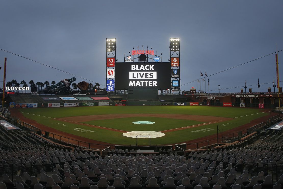 The words 'Black Lives Matter' are displayed on the digital screen after the postponement of the game between the San Francisco Giants and the Los Angeles Dodgers Wednesday.