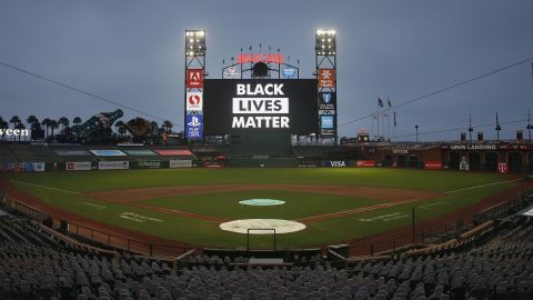 The words 'Black Lives Matter' are displayed on the digital screen after the postponement of the game between the San Francisco Giants and the Los Angeles Dodgers Wednesday.