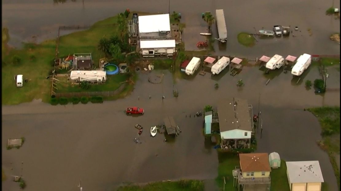 Flooding inundates the Crystal Beach and Galveston areas in Texas, video from KRTK shows.