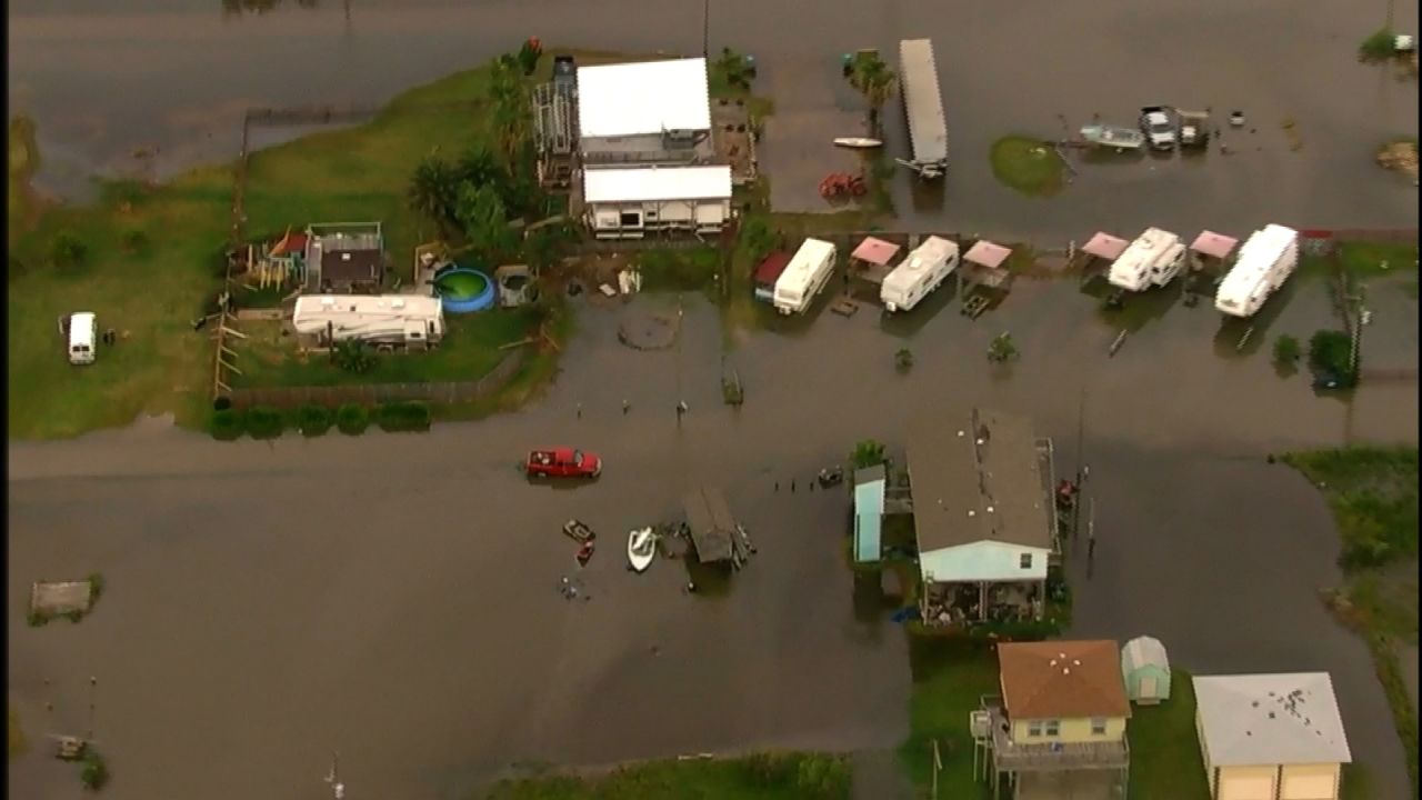 Flooding inundates the Crystal Beach and Galveston areas in Texas, video from KRTK shows.