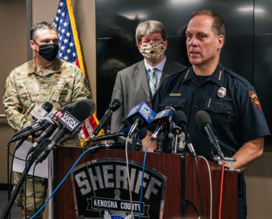 Kenosha Police Chief Dan Miskinis speaks at an August 26 news conference. Two people were fatally shot during protests the night before, and Miskinis said <a href="index.php?page=&url=https%3A%2F%2Fwww.cnn.com%2F2020%2F08%2F27%2Fus%2Fkenosha-shooting-police-chief-curfew-blame-trnd%2Findex.html" target="_blank">the shooting</a> may not have happened if demonstrators and the accused gunman had obeyed the city's newly imposed 8 p.m. curfew.