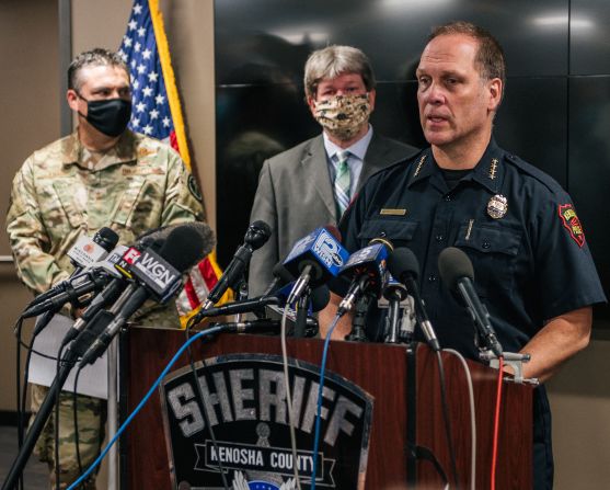 Kenosha Police Chief Dan Miskinis speaks at an August 26 news conference. Two people were fatally shot during protests the night before, and Miskinis said <a  target="_blank">the shooting</a> may not have happened if demonstrators and the accused gunman had obeyed the city's newly imposed 8 p.m. curfew.