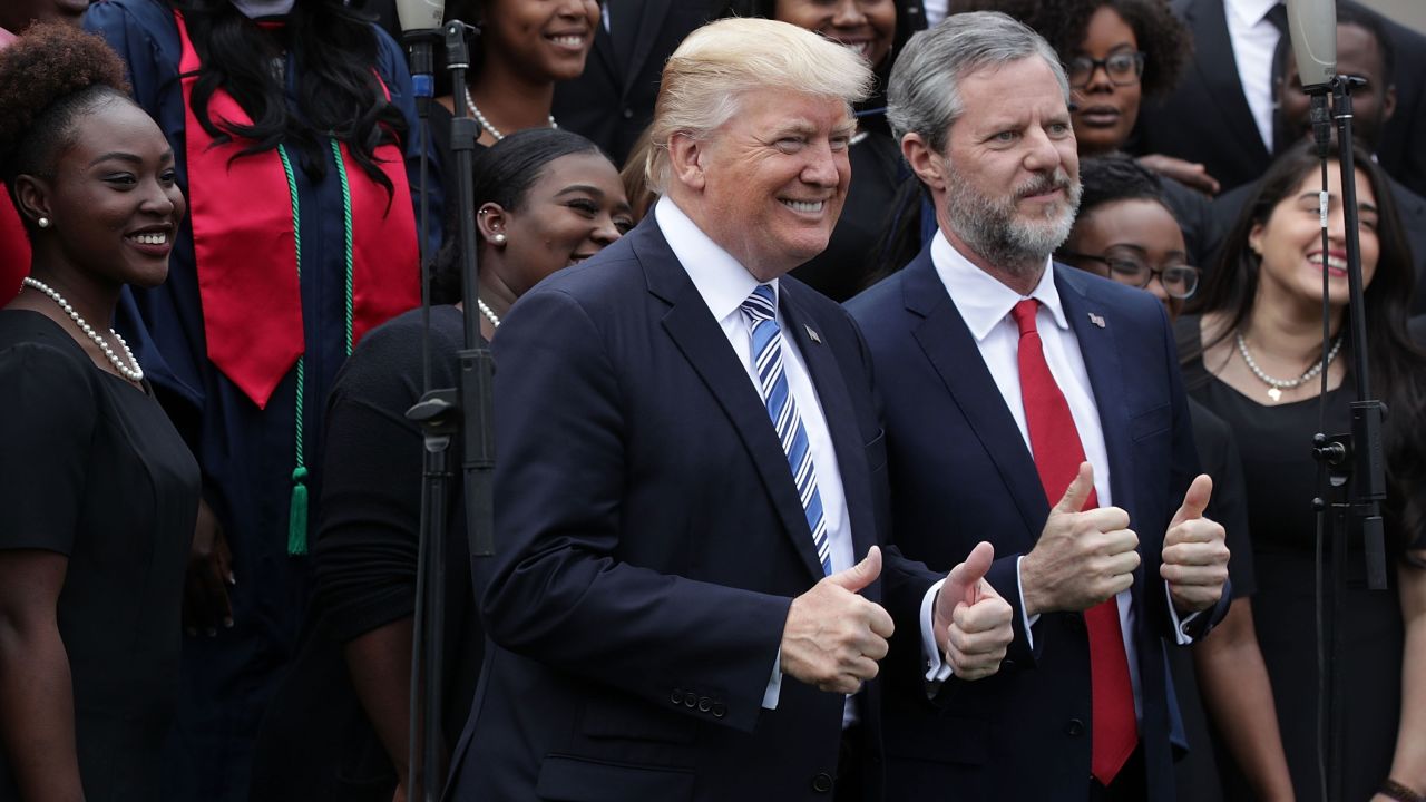President Donald Trump and Jerry Falwell Jr. during 2017 commencement ceremonies at Liberty University in Lynchburg, Virginia. 