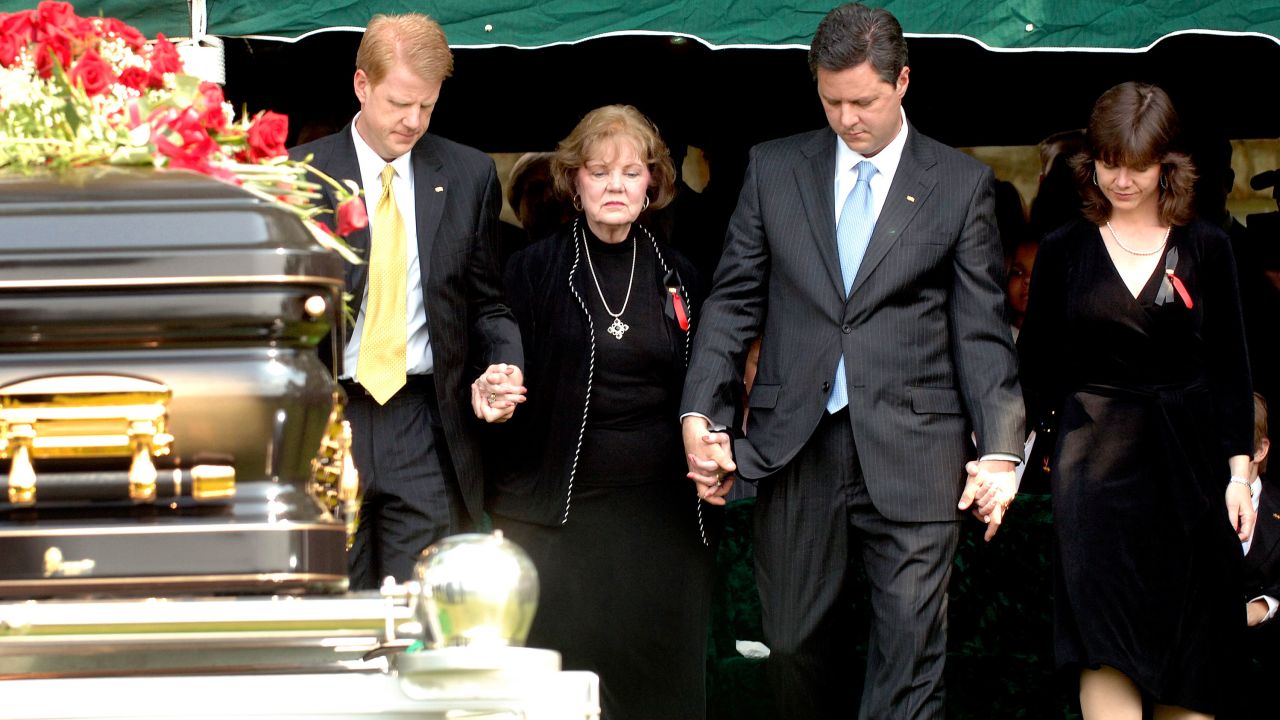 Members of the Falwell family -- from left, son Jonathan Falwell, wife Macel Falwell, son Jerry Falwell Jr. and daughter Jeannie Falwell Savas -- at the May 2007 funeral of the Rev. Jerry Falwell in Lynchburg, Virginia.