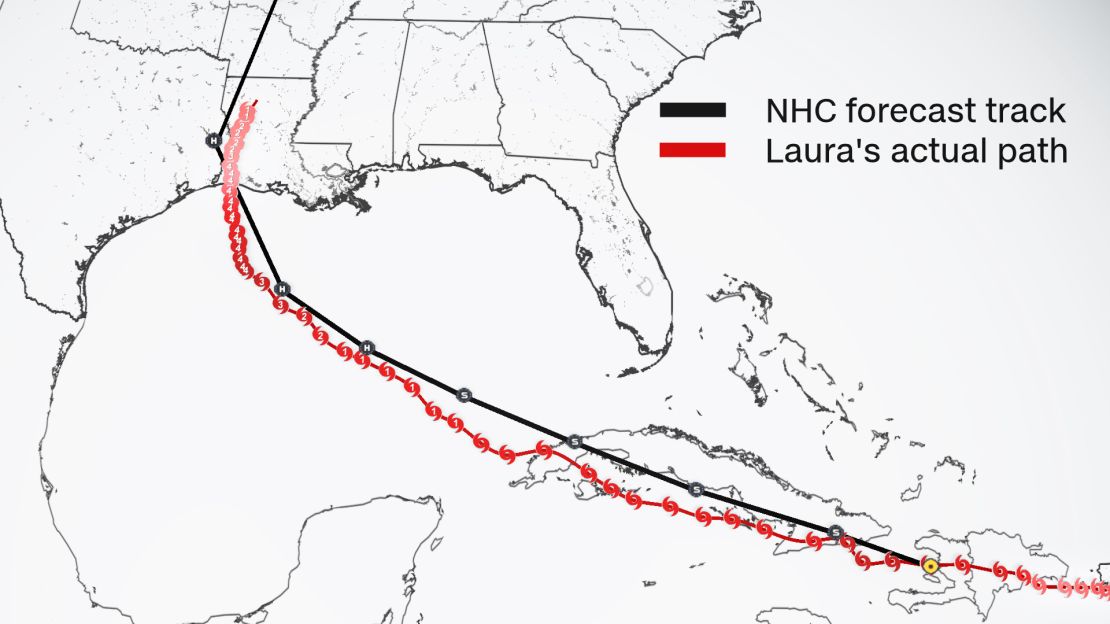 weather laura forecast track vs actual