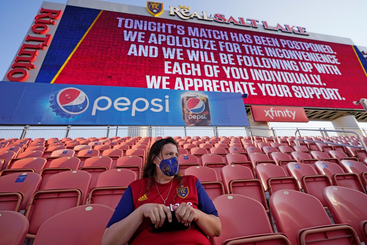 A Real Salt Lake fan sits in the stands after the Major League Soccer team had its game postponed on August 26.
