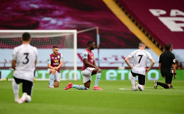 The Black Lives Matter protests haven't been limited to just North America. Here, professional soccer players from Aston Villa and Sheffield United take a knee as their match kicked off in Birmingham, England, on June 17. Premier League teams sported the words "Black Lives Matter" on the back of their jerseys when <a href="https://www.cnn.com/2020/06/17/football/premier-league-restart-manchester-city-arsenal-aston-villa-sheffield-united-spt-intl/index.html" target="_blank">their seasons resumed.</a>