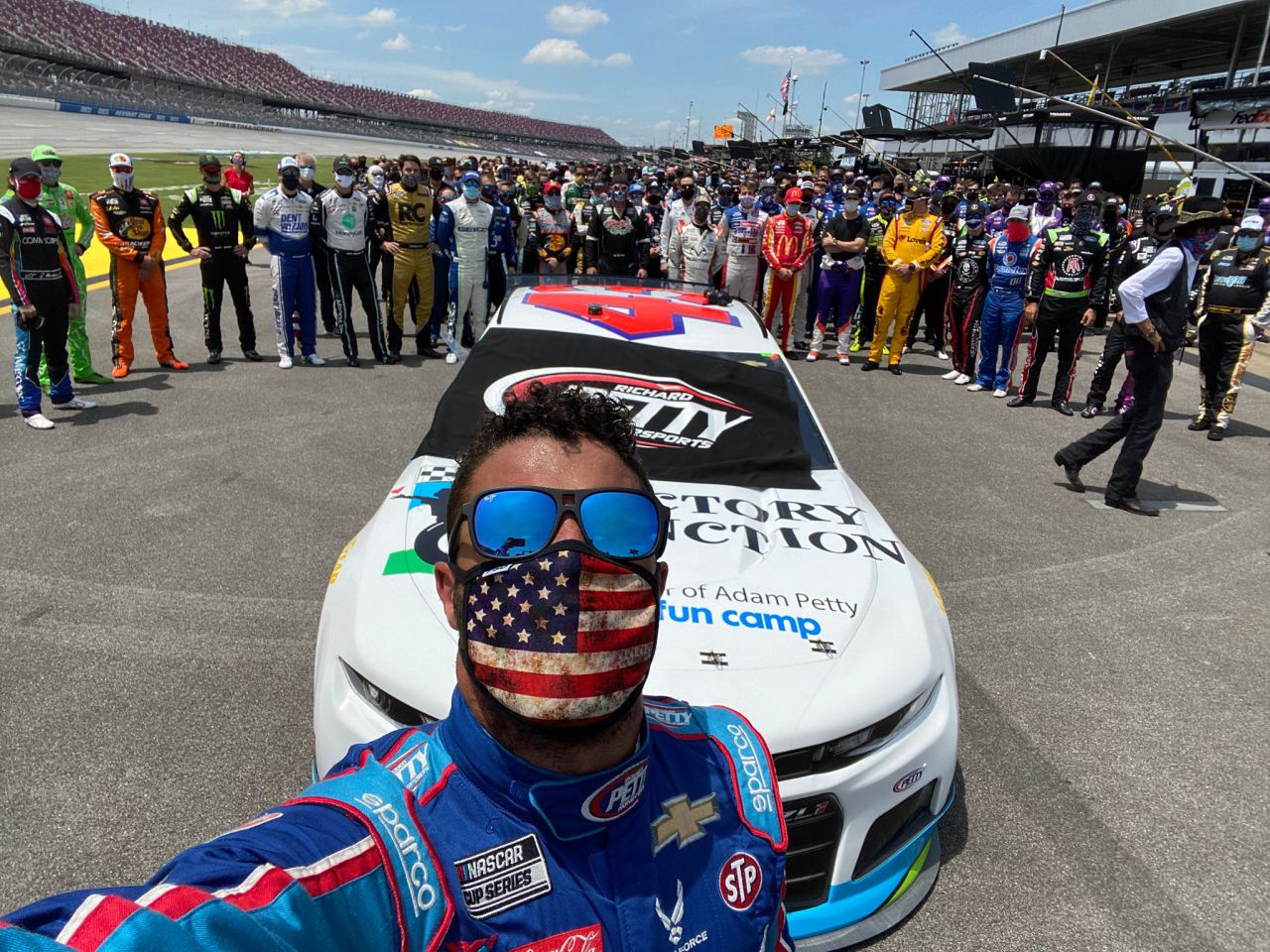 NASCAR driver Bubba Wallace <a href="https://twitter.com/BubbaWallace/status/1275141190824996864" target="_blank" target="_blank">tweeted this selfie</a> before a Cup Series race in Talladega, Alabama, on June 22. Fellow drivers and pit crew members <a href="https://www.cnn.com/2020/06/22/us/nascar-race-bubba-wallace-talladega/index.html" target="_blank">walked alongside Wallace's car</a> to show their support for him. Wallace, the only Black driver in NASCAR's top circuit, has been an outspoken advocate of the Black Lives Matter movement. 