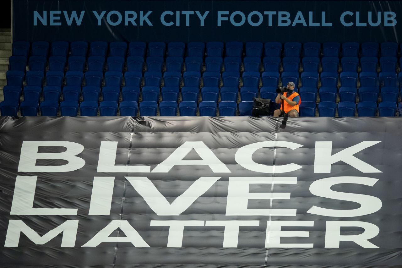 A Black Lives Matter sign is seen during a Major League Soccer match in Harrison, New Jersey, on August 24.