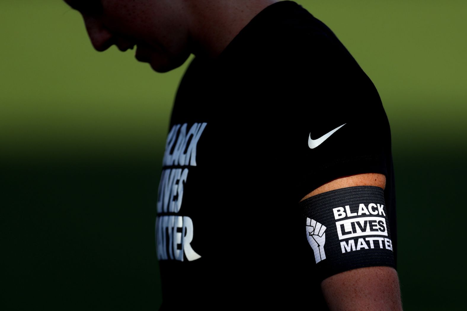 A Houston Dash player wears a Black Lives Matter armband before a NWSL match in Herriman, Utah, on July 17.