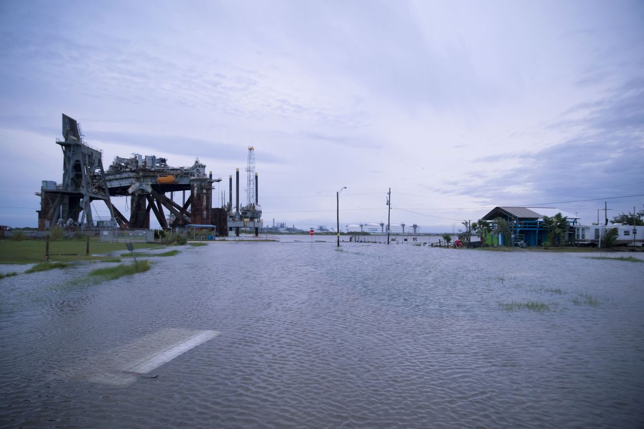Flooding is seen in Sabine Pass, Texas.