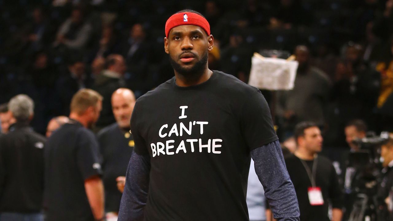 LeBron James wears an "I Can't Breathe" shirt, invoking the last words of Eric Garner, before a game in 2014.