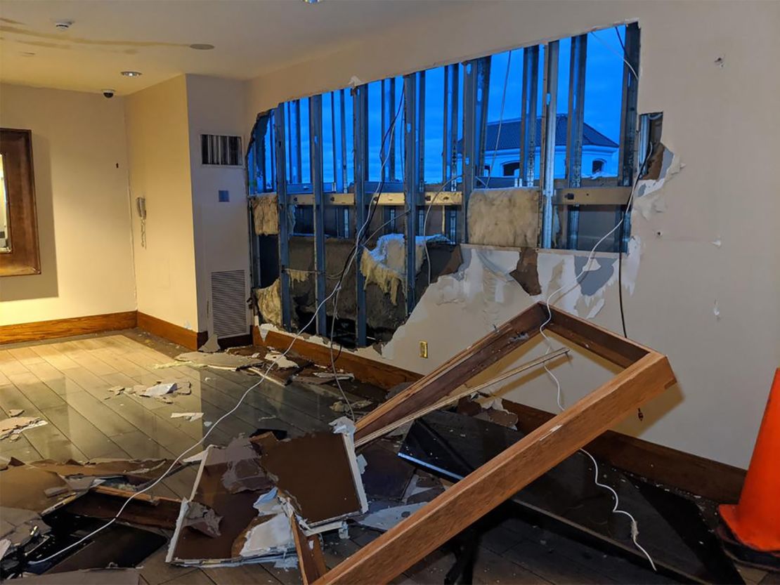 This photo from a reporter at CNN affiliate station WVUE shows how the storm blasted through the wall of the L'Auberge Casino in Lake Charles.