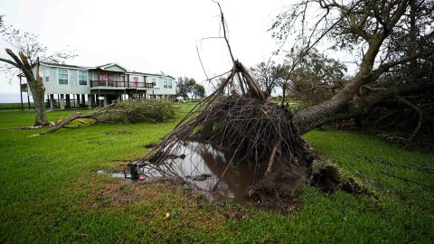 An uprooted tree sits in the aftermath of Hurricane Laura in Sabine Pass in Port Arthur, Texas, on Thursday.