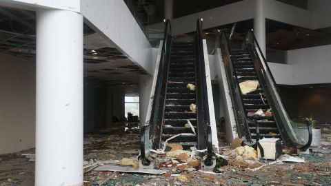 Debris is strewn down an escalator in Capitol One Bank Tower on Thursday in Lake Charles. 