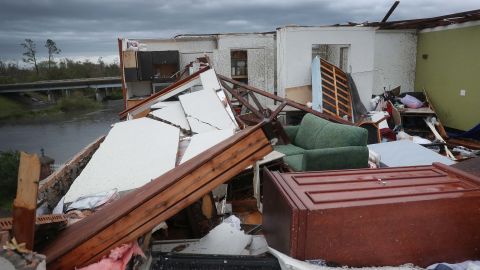 A Lake Charles hotel room sits exposed to the elements on Thursday after its roof was torn off.