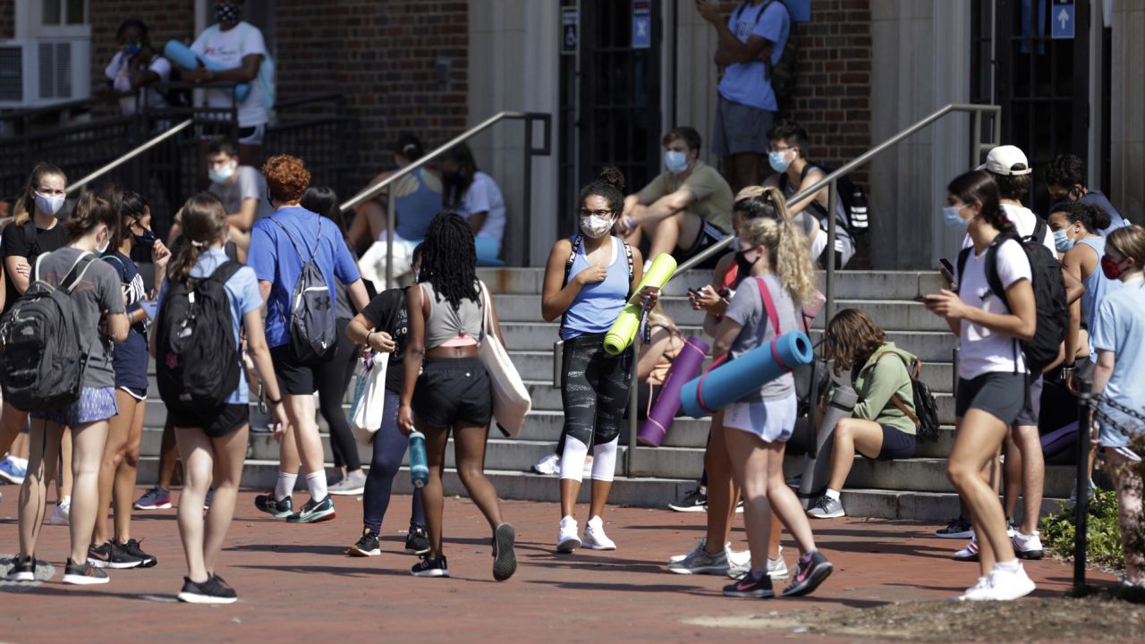 University of North Carolina students at Chapel Hill, N.C., campus wait to enter a fitness class last month.