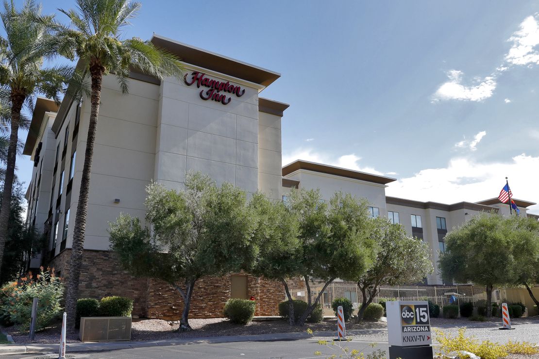 A Hampton Inn is shown Tuesday, July 21, 2020 in Phoenix. Court records describe it as one of more than 25 hotels in the US where migrant were detained. 