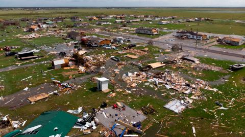 This aerial photo shows a devastated neighborhood outside of Lake Charles on August 27.