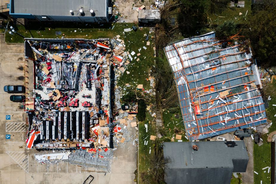 This aerial photo shows the roof blown off an AutoZone store in Lake Charles on August 27.