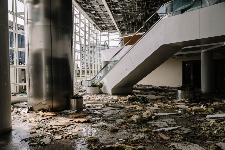 Damage is seen at an office building lobby in Lake Charles on August 27.