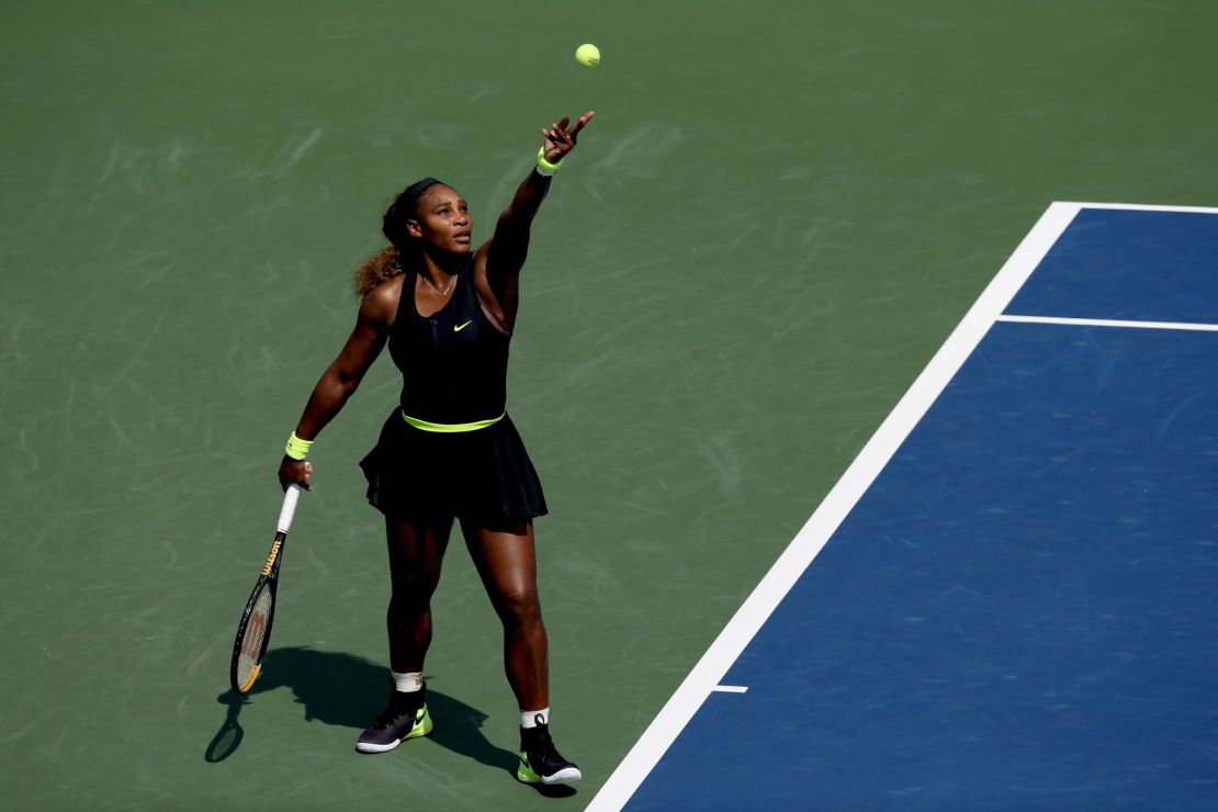 Serena Williams serves to Arantxa Rus of Netherlands during the Western & Southern Open at the USTA Billie Jean King National Tennis Center on August 24, 2020 in the Queens borough of New York City.
