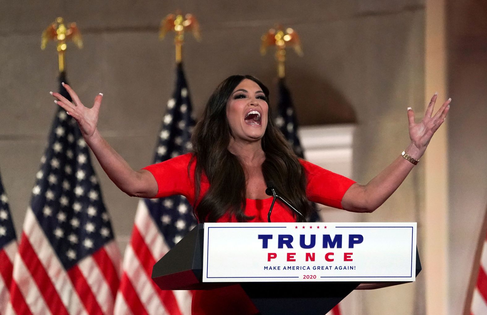 Kimberly Guilfoyle, a top fundraiser for the Trump campaign and the girlfriend of Donald Trump Jr., <a href="index.php?page=&url=https%3A%2F%2Fwww.cnn.com%2Fpolitics%2Flive-news%2Frnc-2020-day-1%2Fh_af09bfc7ec02eb6314c11644d3674e9f" target="_blank">delivers her speech.</a> She said the President "is the leader who will rebuild the promise of America and ensure that every citizen can realize their American dream."