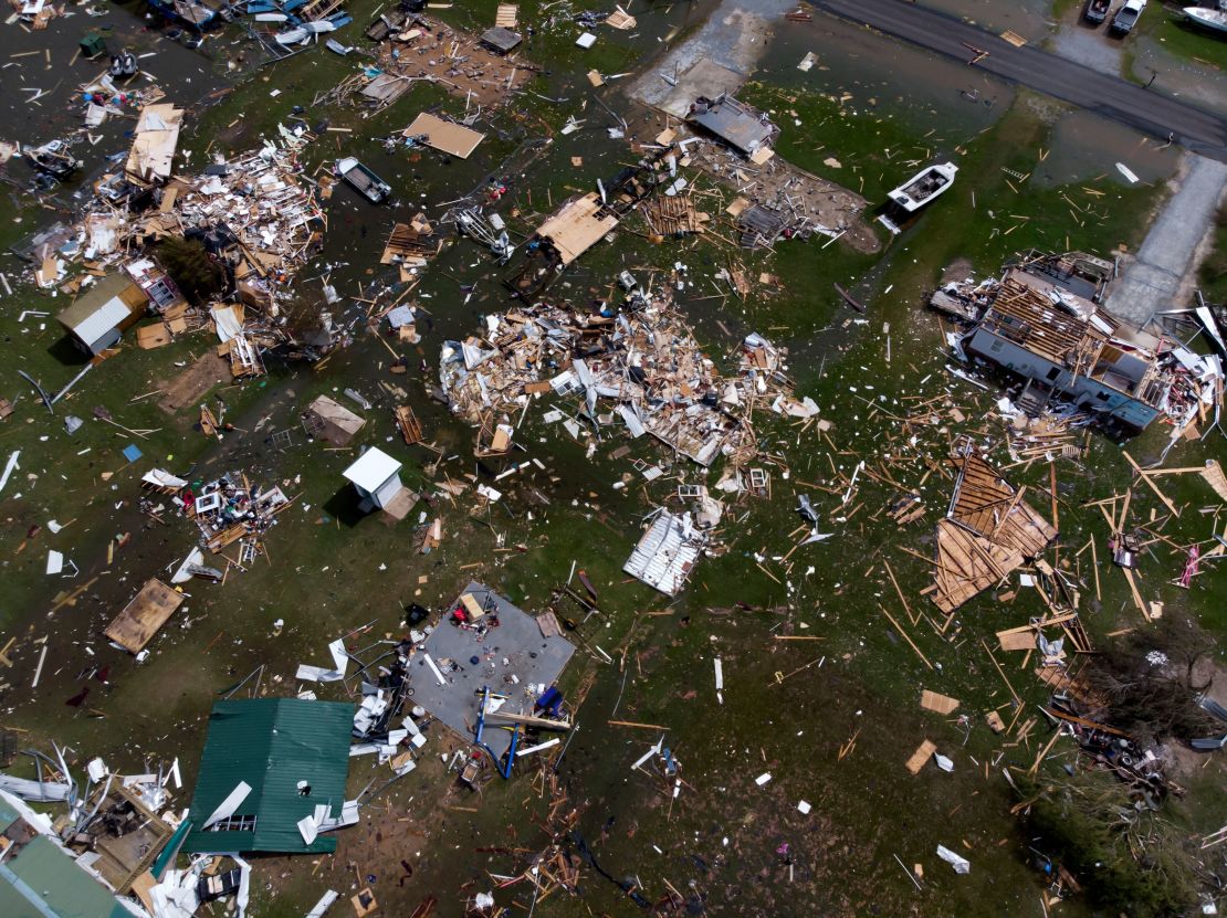 This aerial view shows damage from Hurricane Laura to a neighborhood outside of Lake Charles, Louisiana. President Donald Trump and Vice President Mike Pence both mentioned the storm, but did not connect it to the climate crisis.