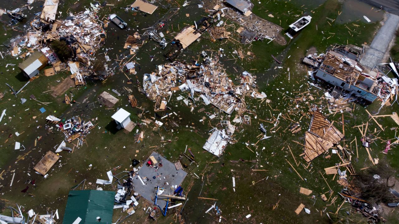 This aerial view shows damage from Hurricane Laura to a neighborhood outside of Lake Charles, Louisiana. President Donald Trump and Vice President Mike Pence both mentioned the storm, but did not connect it to the climate crisis.