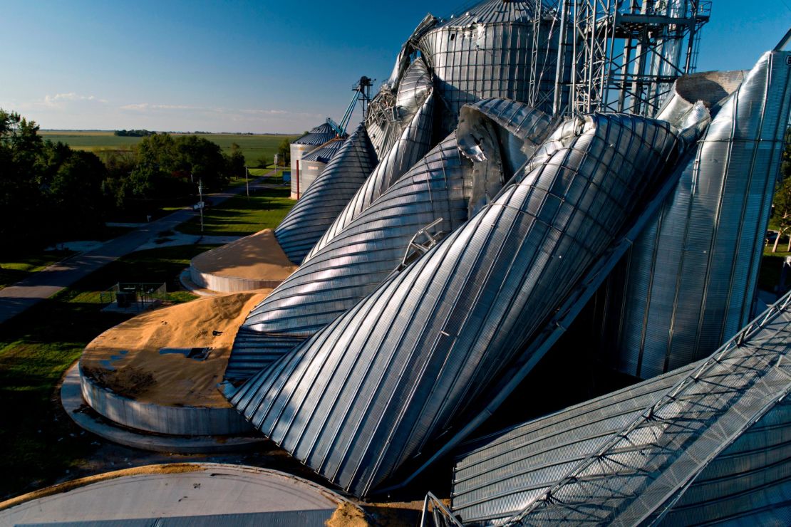Powerful winds destroyed crop fields and these grain bins, photographed by drone in Luther, Iowa. 