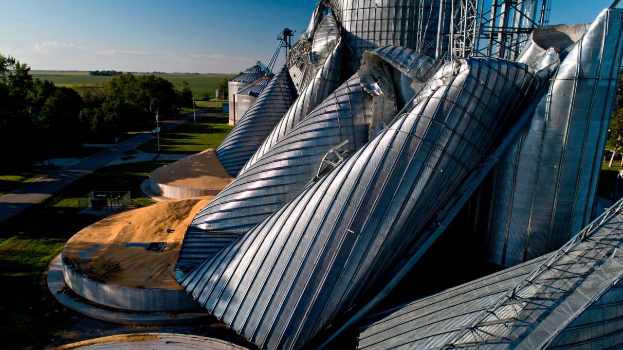 Powerful winds destroyed crop fields and these grain bins, photographed by drone in Luther, Iowa.