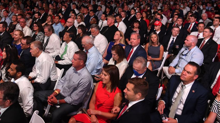 People listen to the US president deliver his acceptance speech for the Republican Party nomination for reelection during the final day of the Republican National Convention from the South Lawn of the White House on August 27, 2020 in Washington, DC. (Photo by SAUL LOEB / AFP) (Photo by SAUL LOEB/AFP via Getty Images)