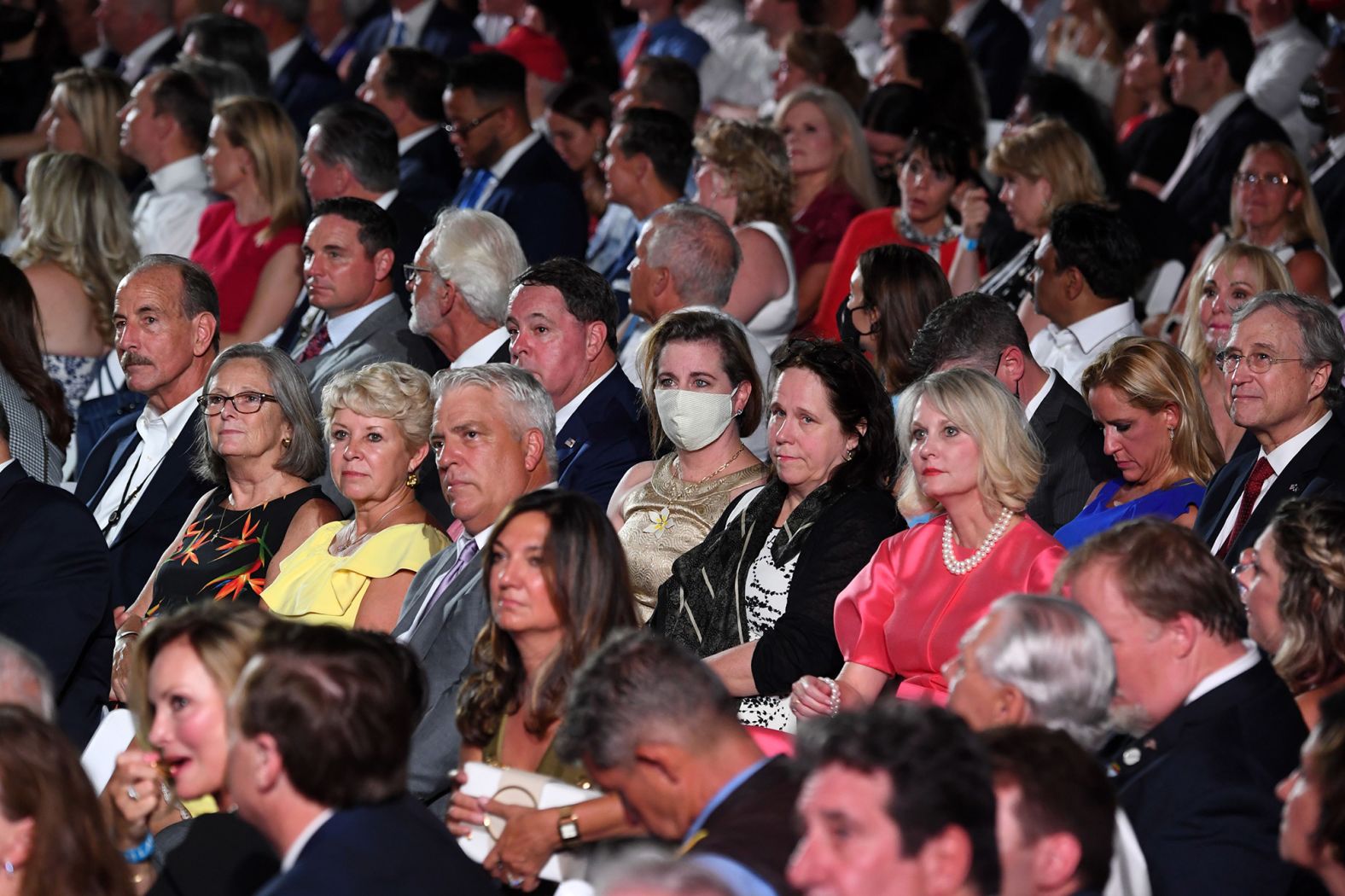 The President delivered his speech to a group of more than 1,000 people on the South Lawn of the White House. <a href="index.php?page=&url=https%3A%2F%2Fwww.cnn.com%2Fpolitics%2Flive-news%2Frnc-2020-day-4%2Fh_44941467cd6176a7d4af25d46aaceef3" target="_blank">The guests were seated close together,</a> and many did not wear face masks.