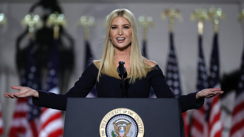 WASHINGTON, DC - AUGUST 27: Ivanka Trump, daughter of U.S. President Donald Trump and White House senior adviser, addresses attendees as Trump prepares to deliver his acceptance speech for the Republican presidential nomination on the South Lawn of the White House August 27, 2020 in Washington, DC. Trump is scheduled to deliver the speech in front of 1500 invited guests.  (Photo by Chip Somodevilla/Getty Images)