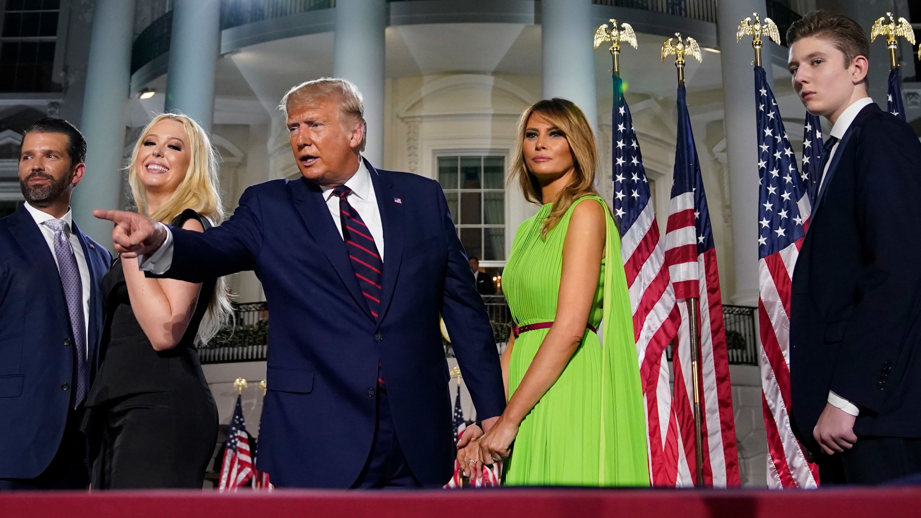President Donald Trump is joined by first lady Melania Trump and three of his children — from left, Donald Jr., Tiffany and Barron — after his nomination acceptance speech on Thursday, August 27.