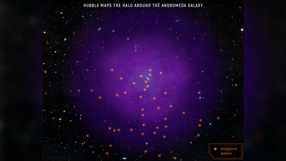 This illustration shows the location of the 43 quasars scientists used to probe Andromeda's gaseous halo. 