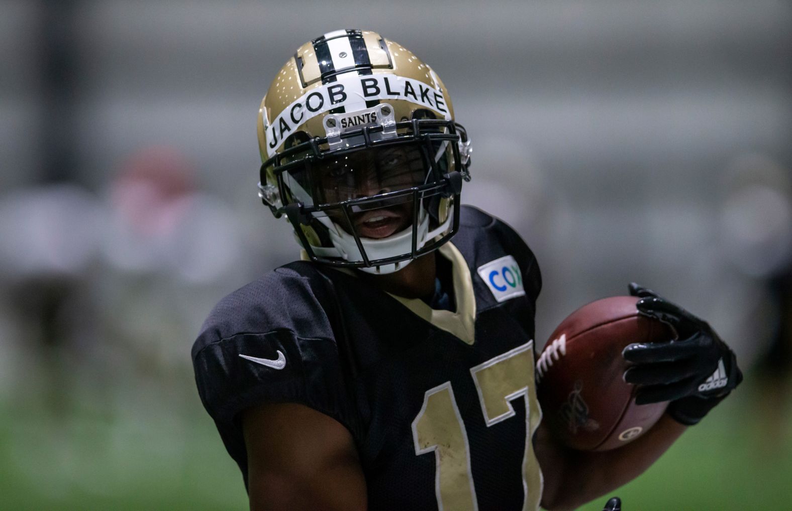 New Orleans Saints wide receiver Emmanuel Sanders wears Jacob Blake's name on his helmet during a practice on August 27.