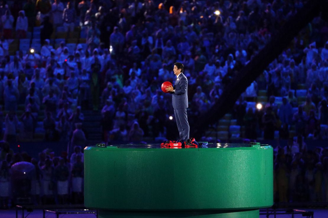 Abe appears during the flag handover segment of the 2016 Rio Olympics closing ceremony.