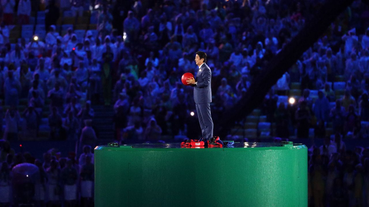 Abe appears during the flag handover segment of the 2016 Rio Olympics closing ceremony.